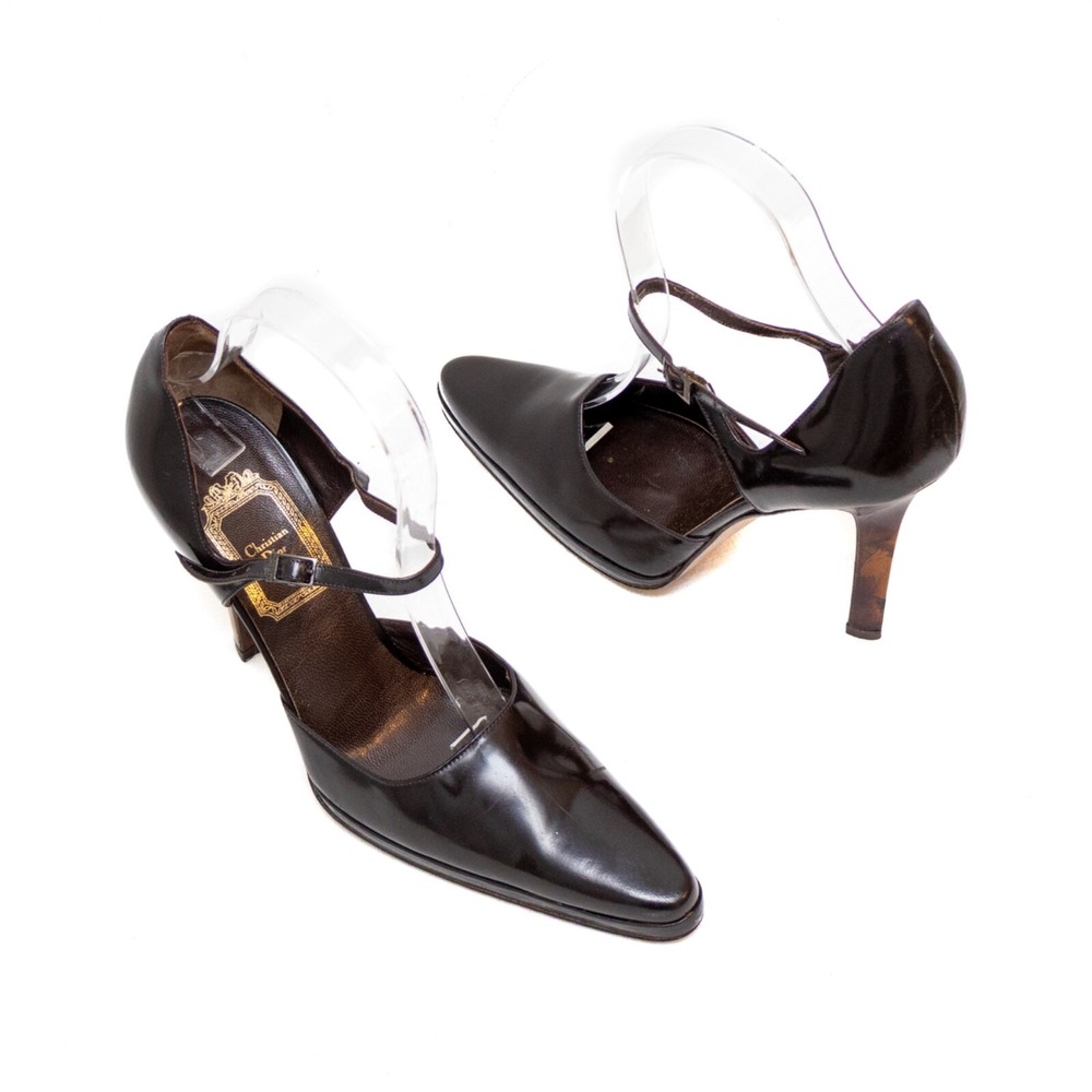 Christian Dior Vintage Brown Leather Mary Jane Heels  Tortoise Shell Heels SZ5.5